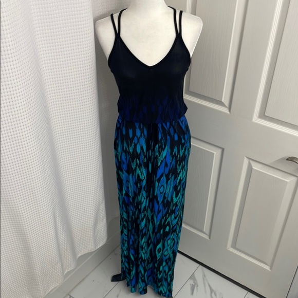 Ricki's Dresses & Skirts - Black with Blue Patterned Maxi Dress Fitted Criss Cross Straps V Neck Size XS
